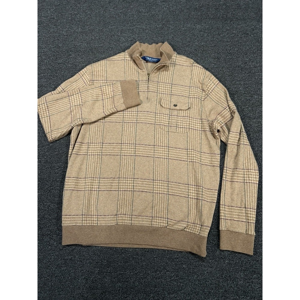 VTG Polo Ralph Lauren 1/4 Zip Sweater Large Brown Glen‎ Plaid Houndstooth Alpaca